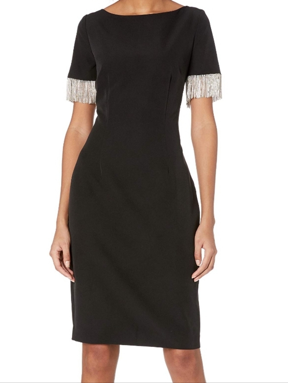 NWT Trina Turk Hinoki Black Sheath Dress with Fringe Sleeve Detail Size 12